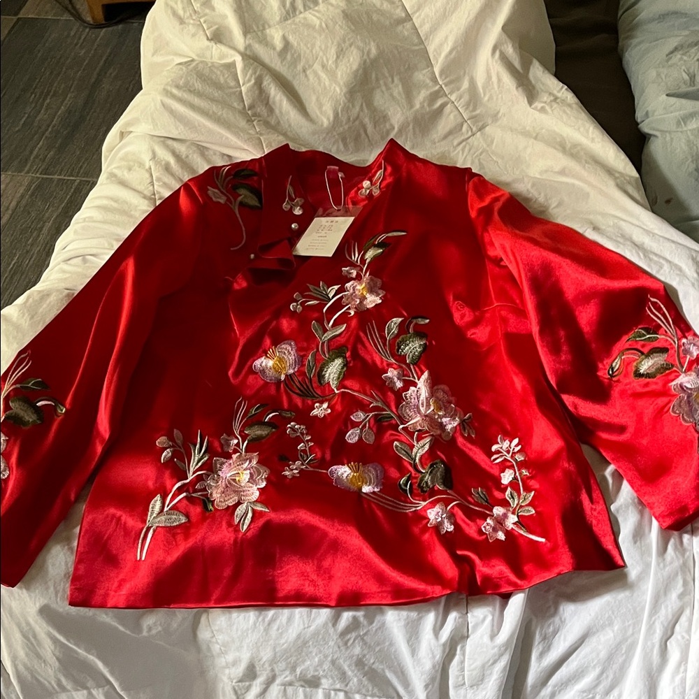 Floral Embroidered Red Blouse